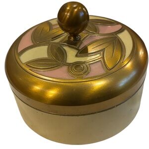 Chase Art Deco Style Gold/Cream/Pink Copper Metal Round Lidded Box Frosted Glass